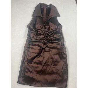 Tadashi Collection Dress Womens Medium Brown Satin Collared Ruched Mini Cocktail